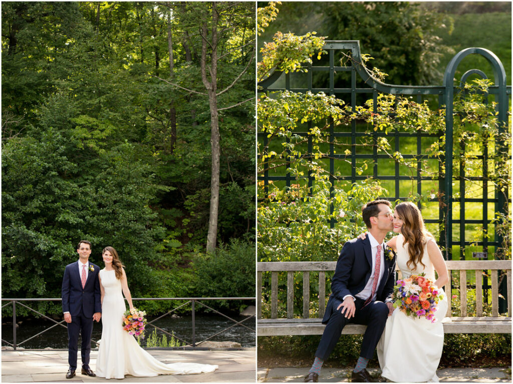 A newlywed couple sitting on a bench at the New York Botanical Garden.