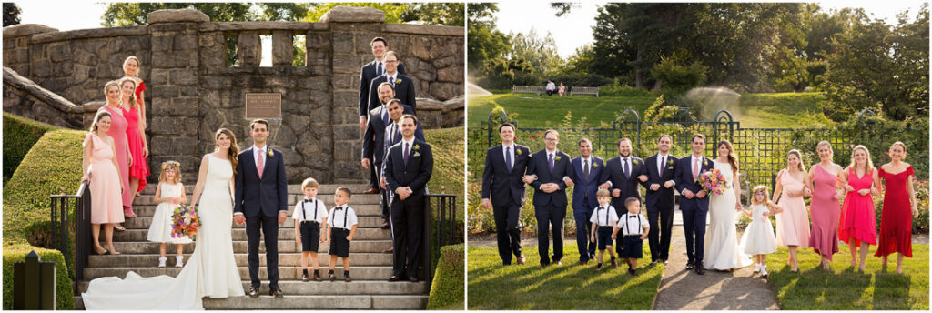 A group of bridesmaids and groomsmen posing for a photo at the New York Botanical Garden.