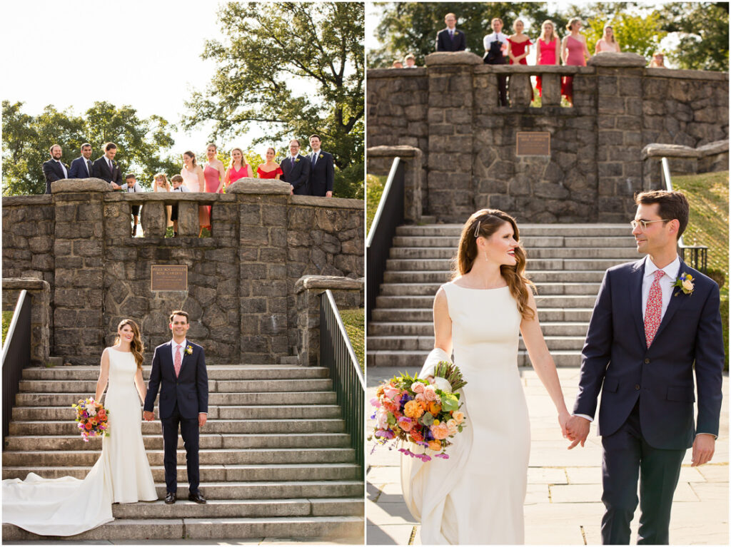 A bride and groom standing on the steps of the New York Botanical Garden, resembling a castle.