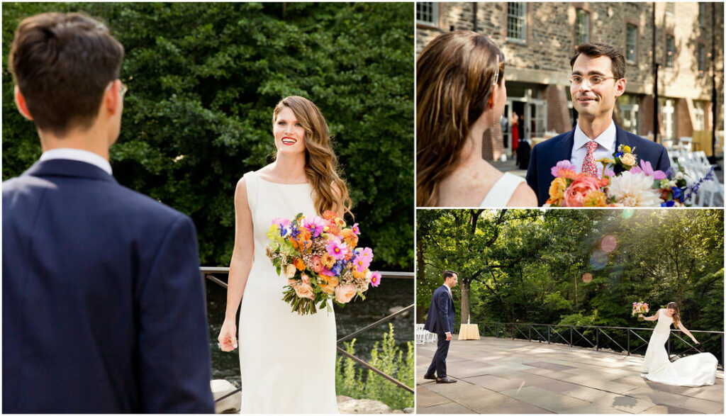 A collage of photos capturing the blissful moments of a bride and groom at the New York Botanical Garden.