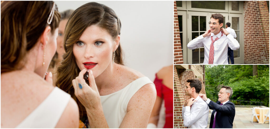 In the stunning New York Botanical Garden, a man is carefully putting on his tie while a woman confidently applies her lipstick.