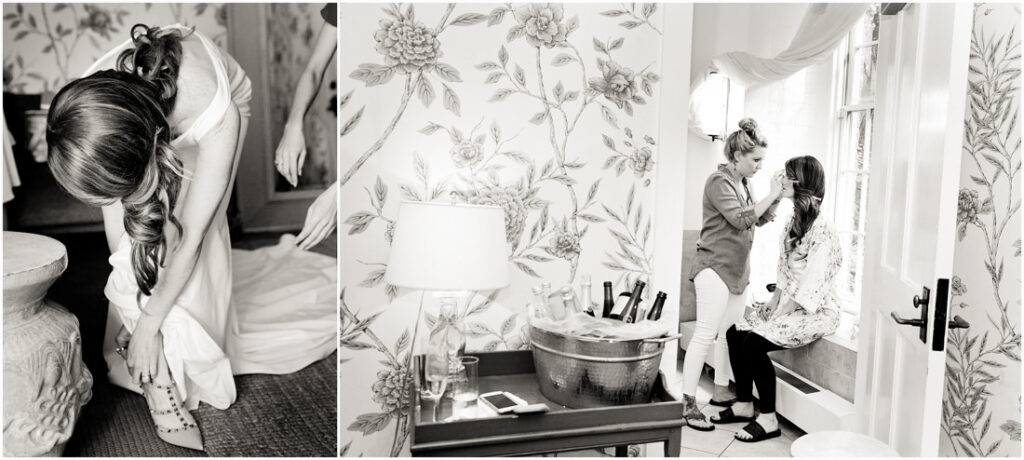 A bride is getting ready in a bathroom at the New York Botanical Garden.
