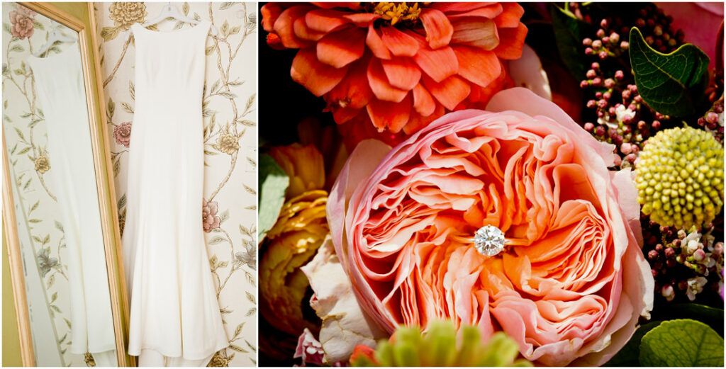 A wedding dress hangs on a mirror next to flowers at the New York Botanical Garden.