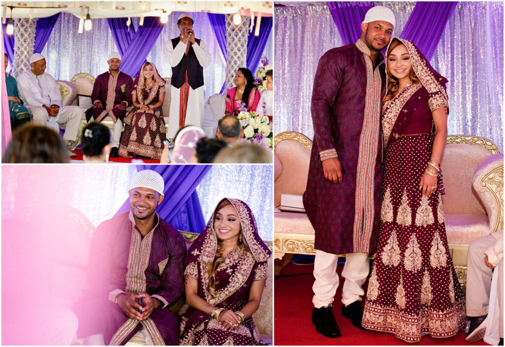 A bride and groom are posing for a photo during their nikah ceremony.