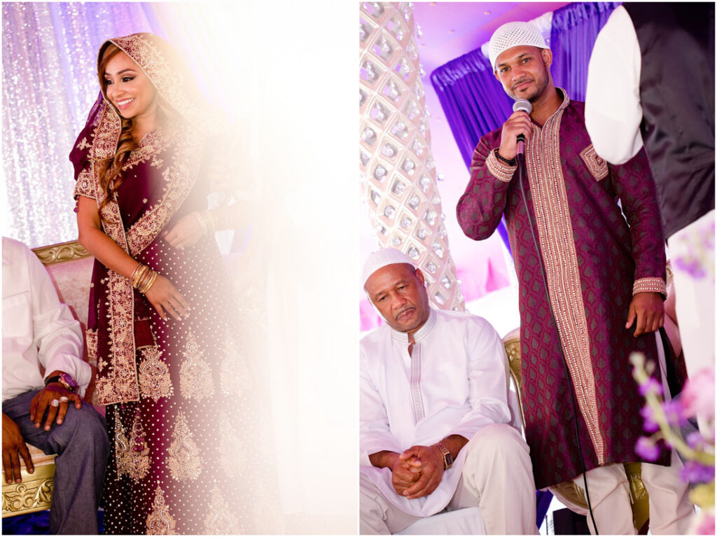 Two pictures capturing the joyous nikah ceremony of a bride and groom at their wedding.