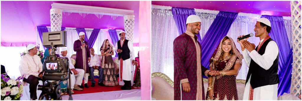 Two pictures of a wedding ceremony with a man and a woman solemnizing their nikah.