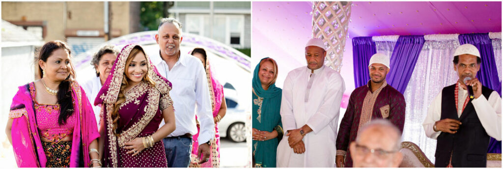 A group of people standing in front of a tent, celebrating a nikah ceremony.