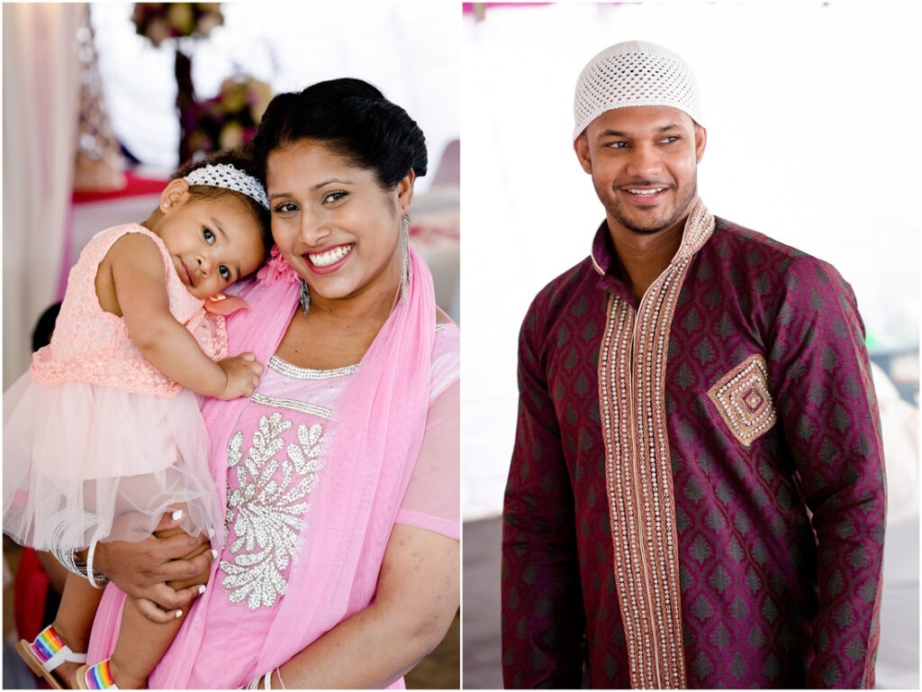 Two pictures of a man and a woman during their nikah ceremony, holding a baby.