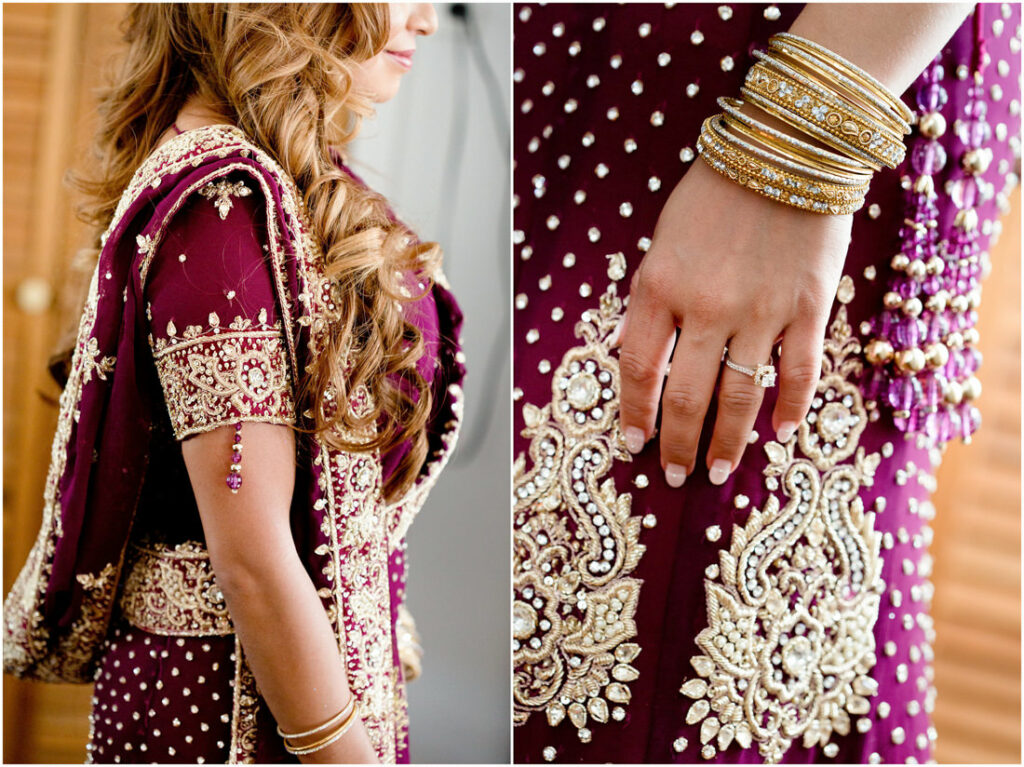A bride in a purple lehenga with gold jewelry for her nikah ceremony.