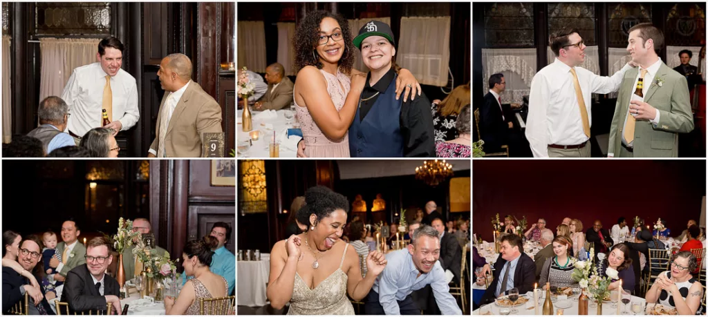 A collage of pictures of people at a wedding reception at the Montauk Club.