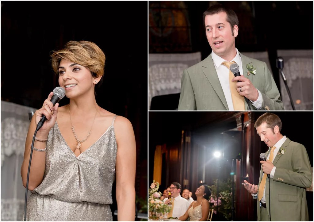 A collage of pictures of a man and woman speaking into a microphone.
