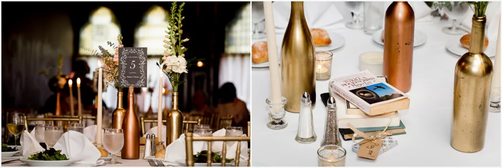 A table set up with gold vases and a sign.