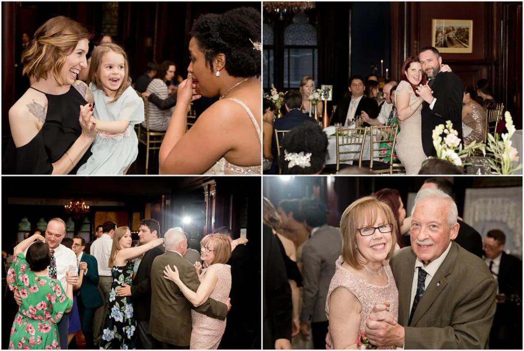 A collage of photos of people dancing at a wedding.