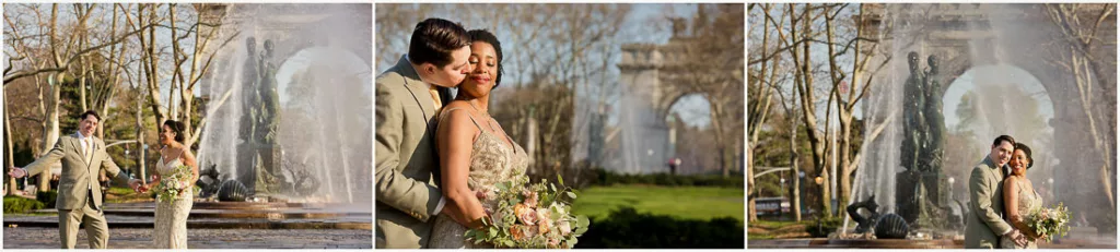 Four pictures of a bride and groom in front of a fountain.
