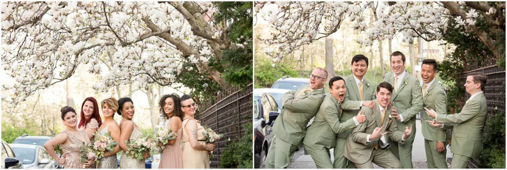A group of groomsmen posing in front of a tree.