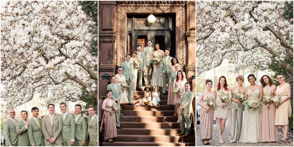 A group of bridesmaids and groomsmen posing in front of a blossoming tree.