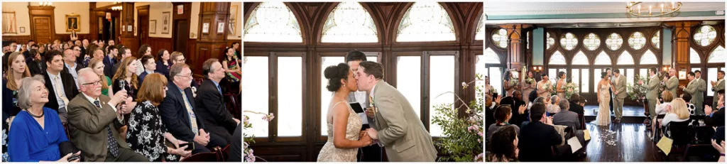 A wedding ceremony with many people in the room.
