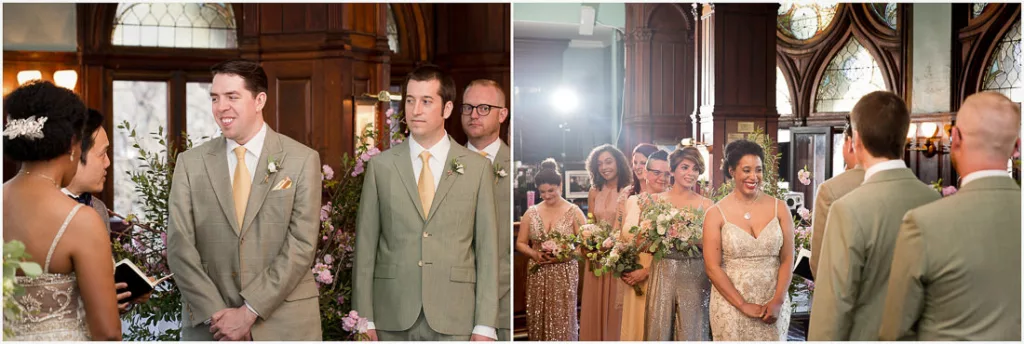 A bride and groom are standing in front of a wedding ceremony.