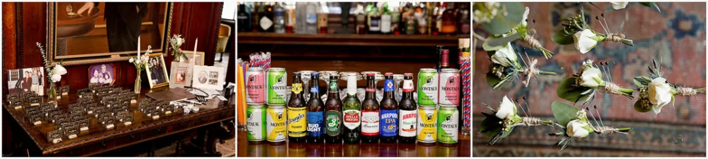 A collection of pictures of beer bottles and flowers.