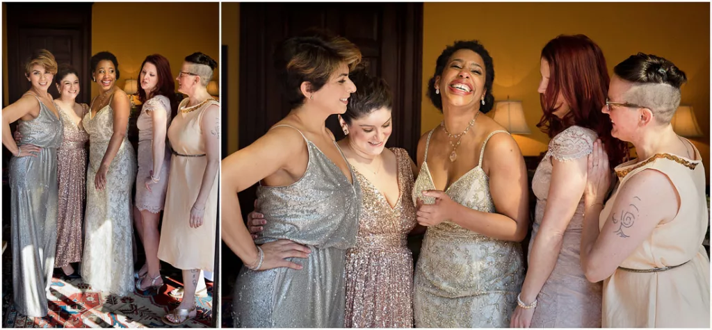 A group of bridesmaids are posing for a picture.