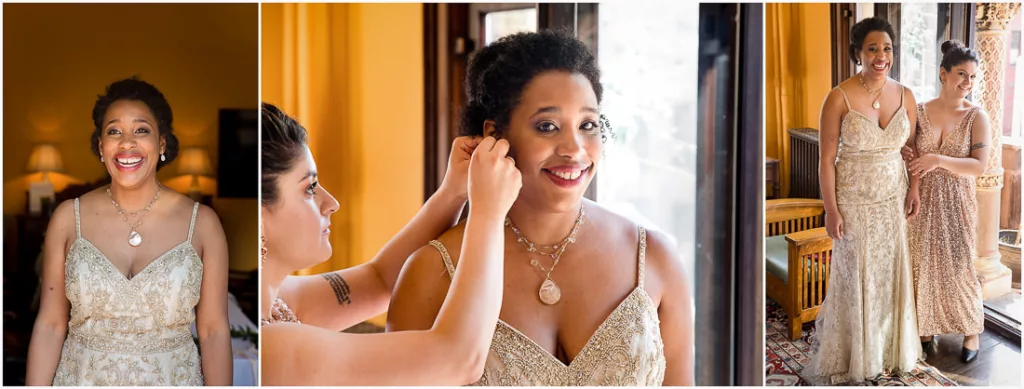 A bride is getting ready for her wedding at the Montauk Club.