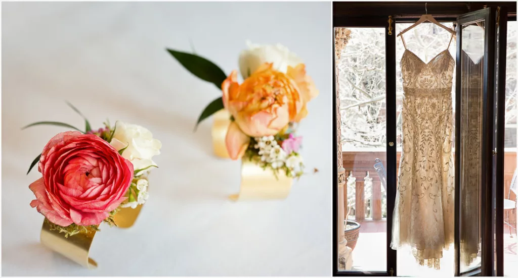 Two pictures of a wedding dress and flowers hanging on a door.