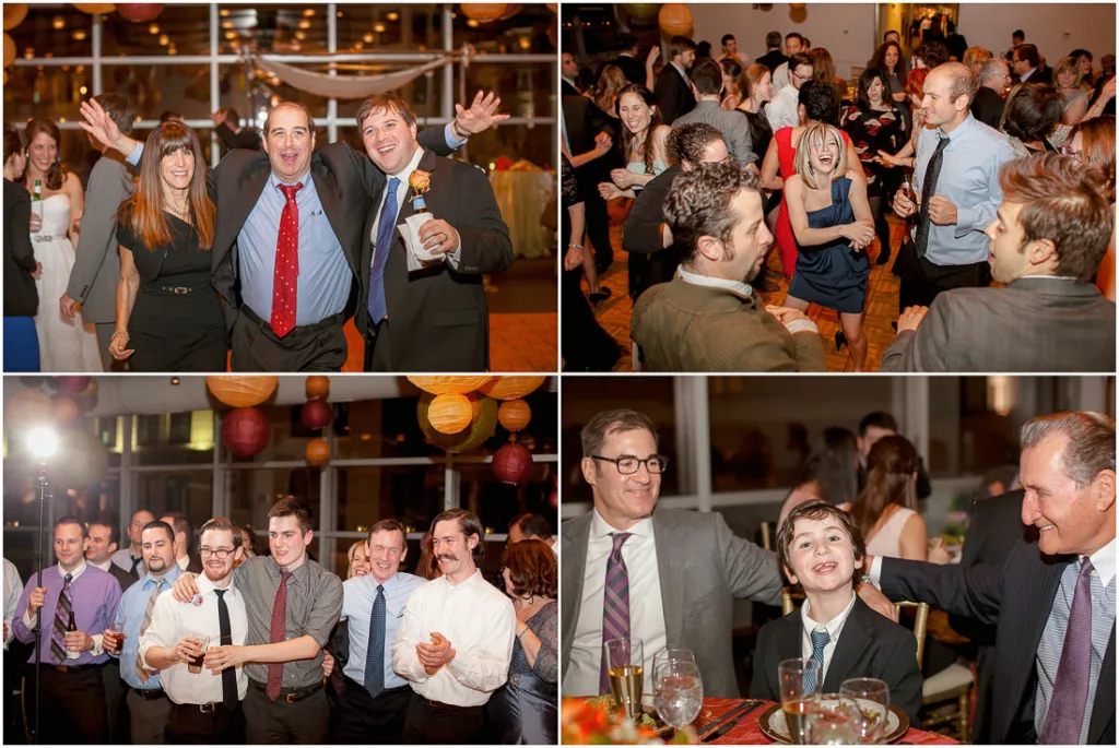 A collage of photos of people dancing at a wedding reception.
