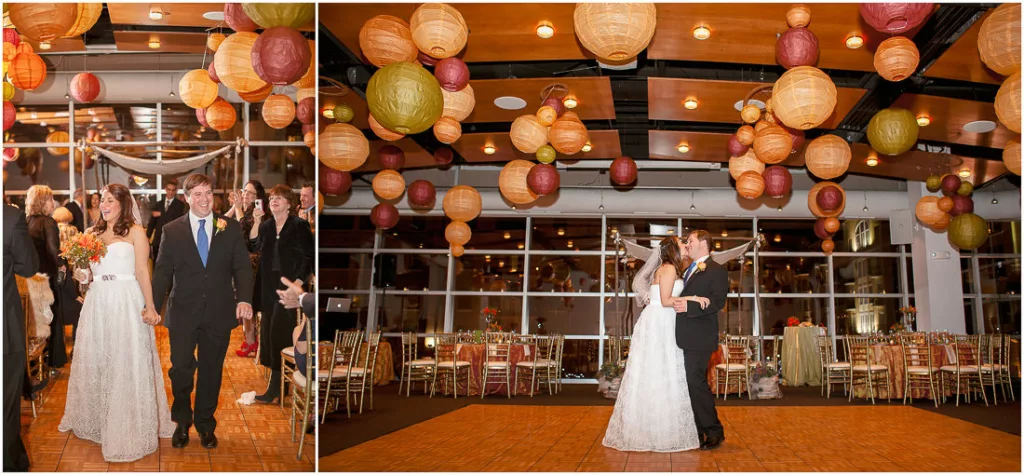 A bride and groom dance under paper lanterns at their wedding reception at VisArts.