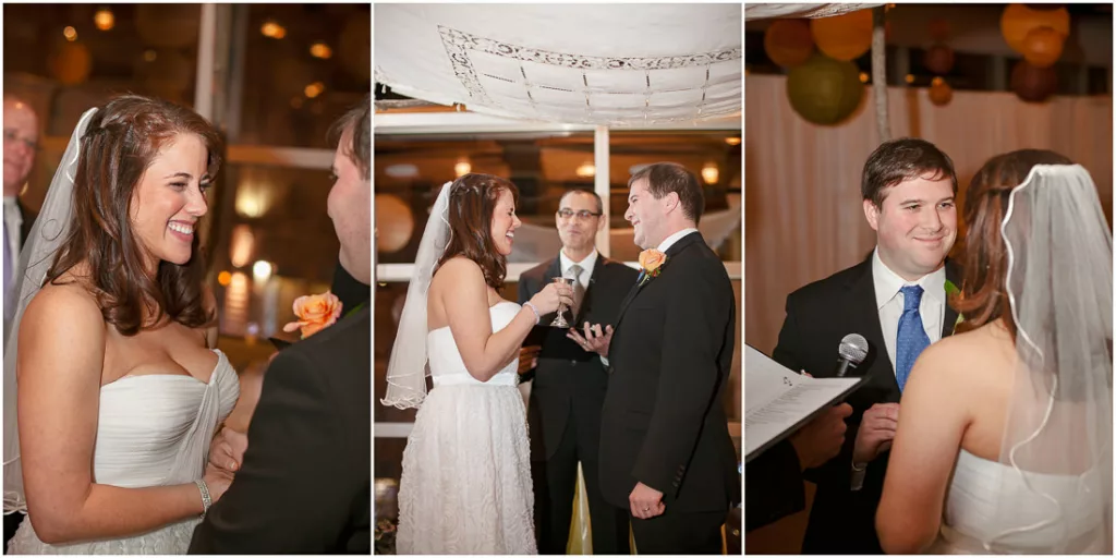A bride and groom exchange vows during their wedding ceremony.