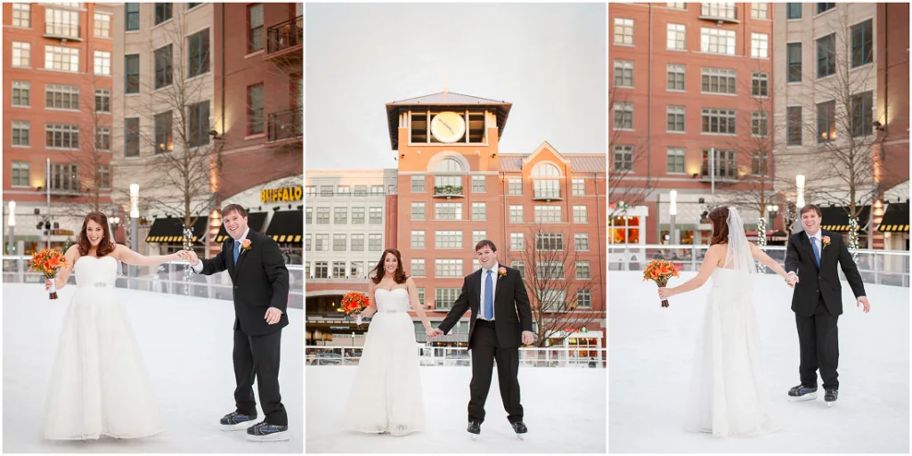 Three pictures of a bride and groom on an ice rink.