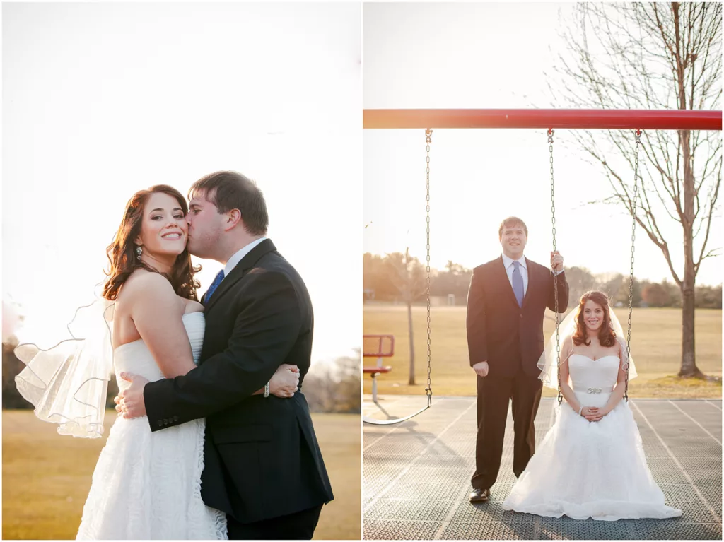 A bride and groom kissing in front of a swing.