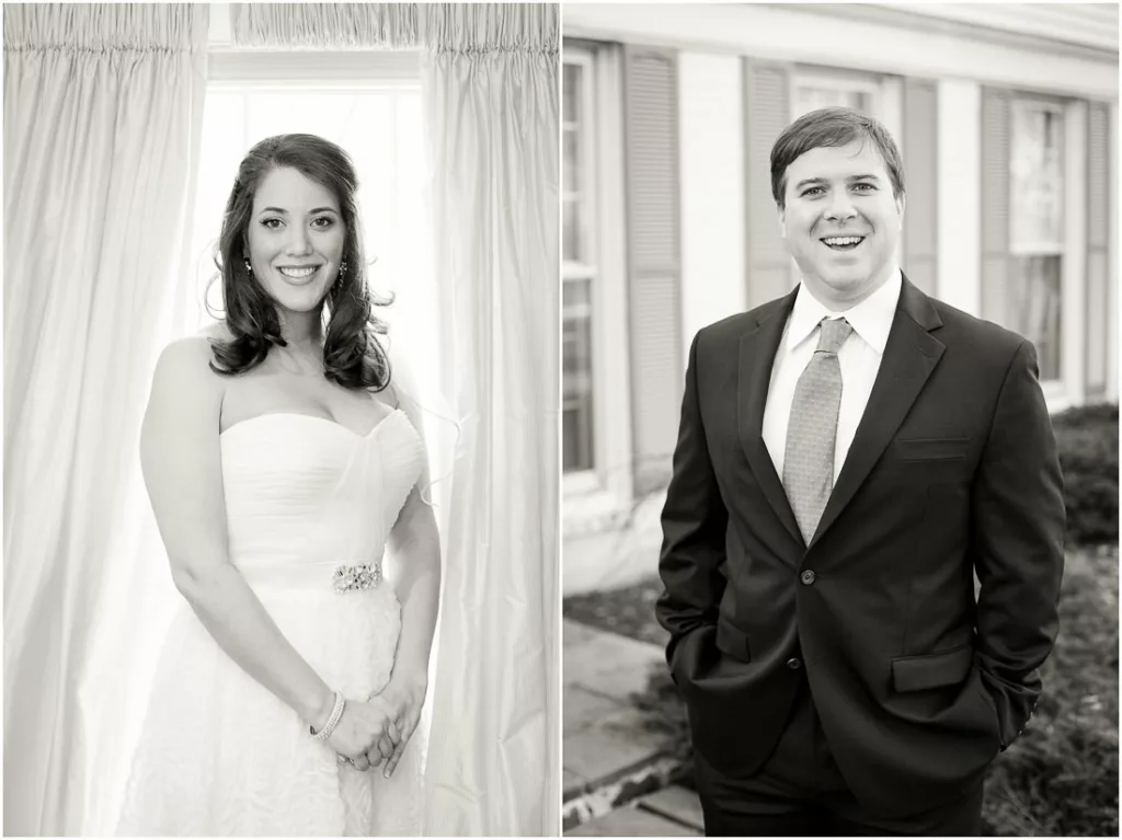 Two black and white photos of a bride and groom.