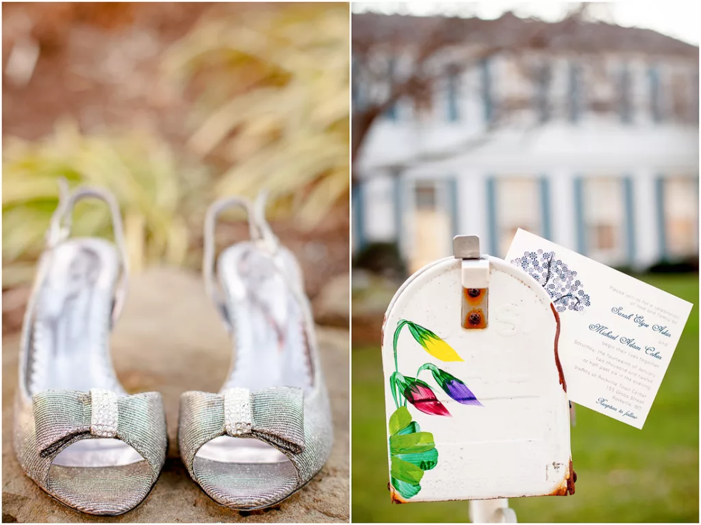 A pair of silver shoes and a mailbox in front of a house.