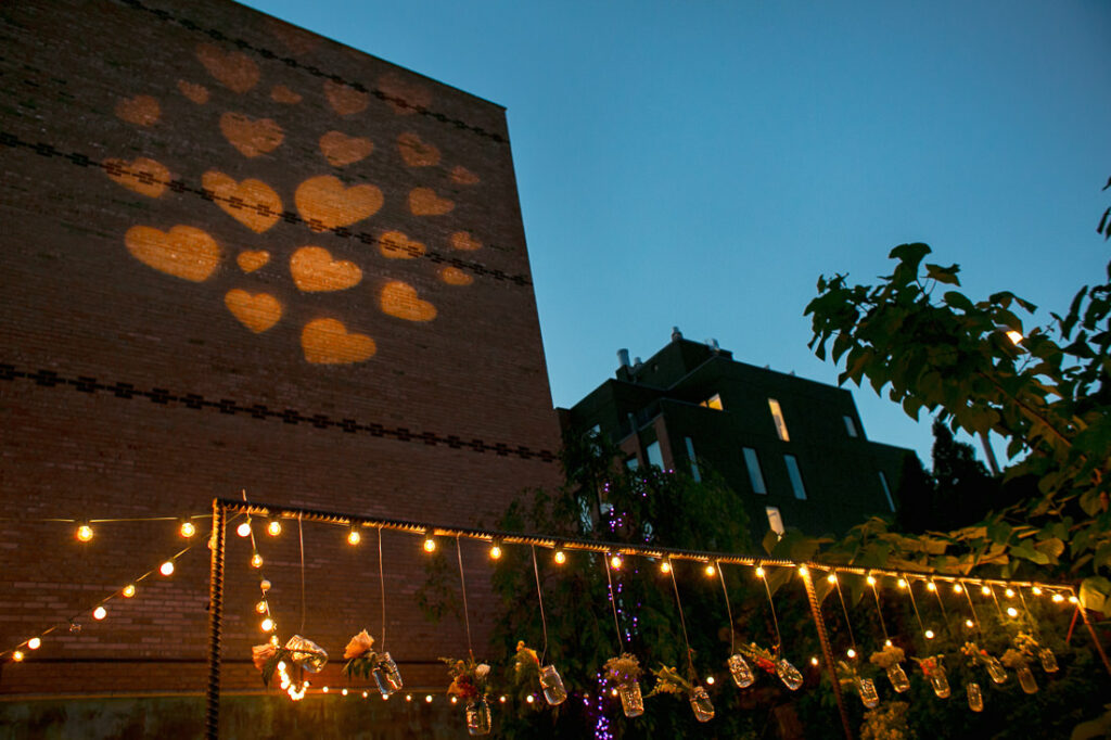 MyMoon decorated with hanging lights.