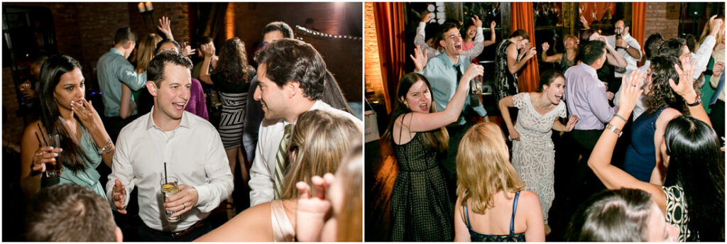 A lively group of people dancing at a party under the mesmerizing light of mymoon.