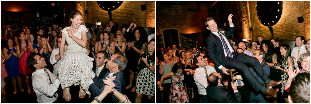 A bride and groom dancing during their wedding reception.