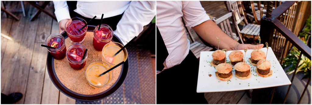 Two pictures of a waiter holding a tray of food at the MyMoon restaurant.