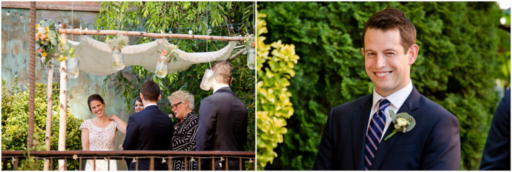 The beautiful bride and groom exchange loving gazes at each other during their heartfelt wedding ceremony.