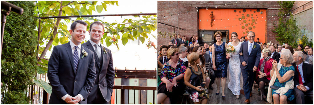 The newlyweds joyfully walk down the aisle at their wedding.