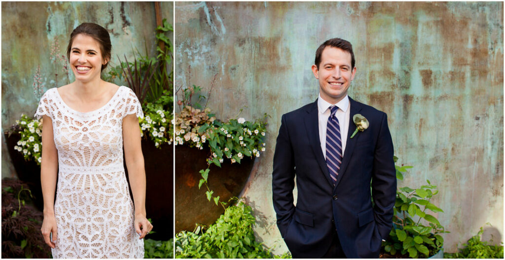 Two photos of a bride and groom in front of a wall with the enchanting backdrop of mymoon.