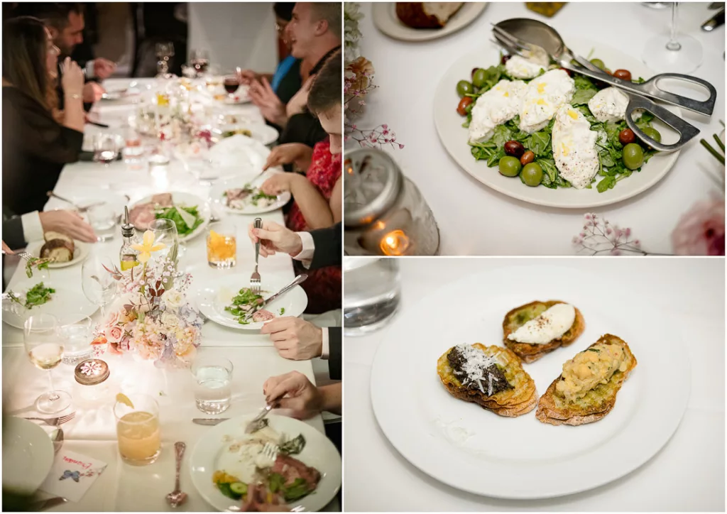 A collage of pictures of people at a dinner party at Frankies 457 Spuntino.