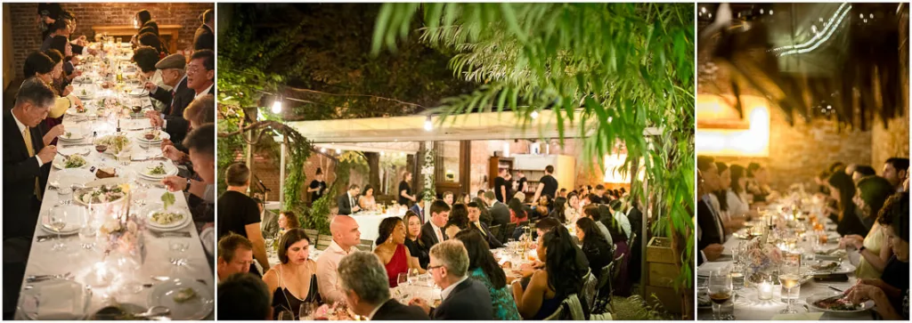 A group of people are sitting at a table at night for a wedding.