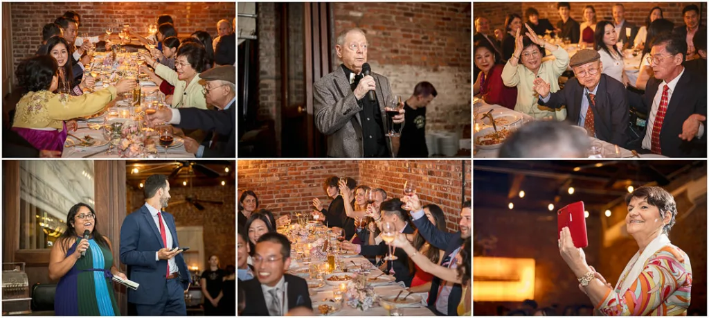 A collage of pictures of people at a wedding reception at Frankies 457 Spuntino.
