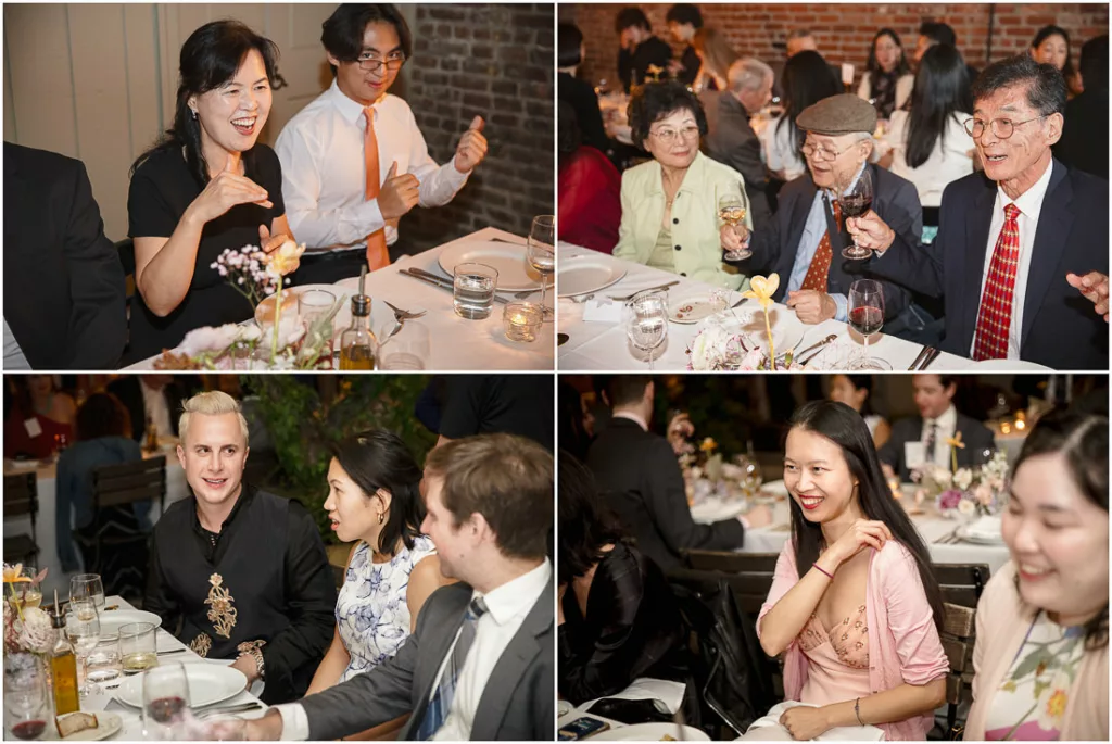 A collage of pictures of people at a wedding reception.