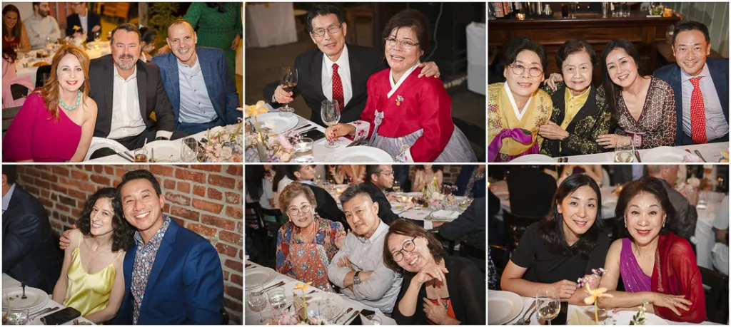 A collage of photos of people at a dinner party.