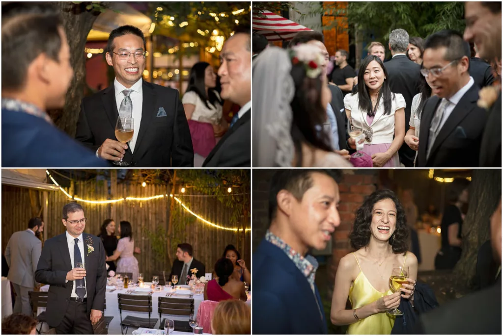 A collage of photos of people at a wedding reception.