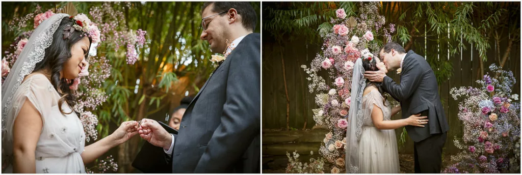 Two pictures of a bride and groom kissing in front of flowers.