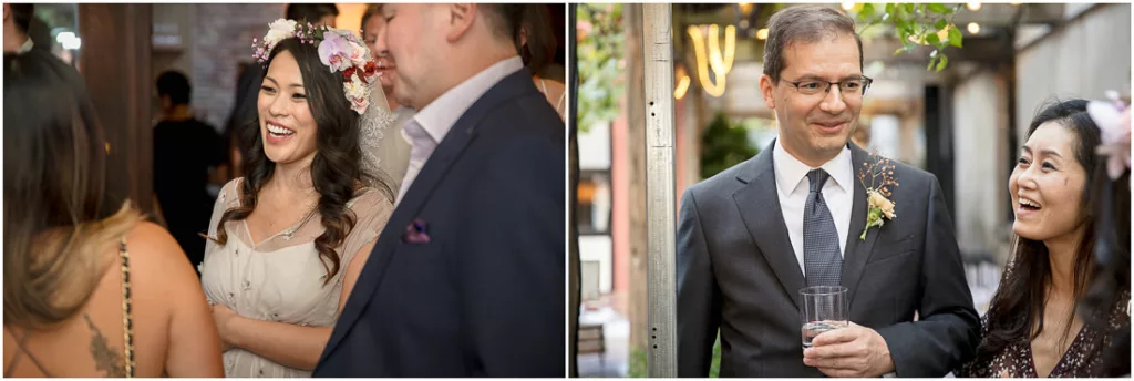 A bride and groom smiling at each other at a wedding reception.