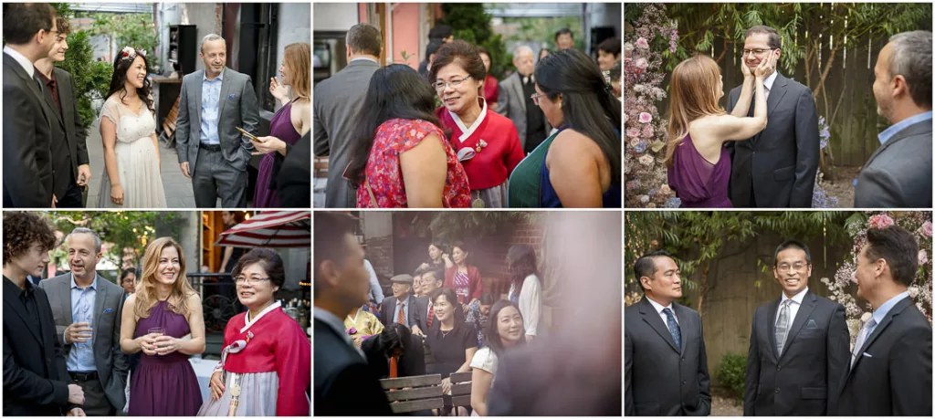 A collage of pictures of people at a wedding at Frankies 457 Spuntino.