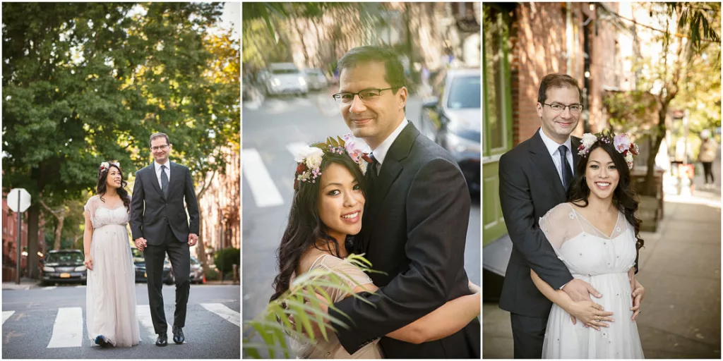 Three pictures of a couple posing in front of a building.